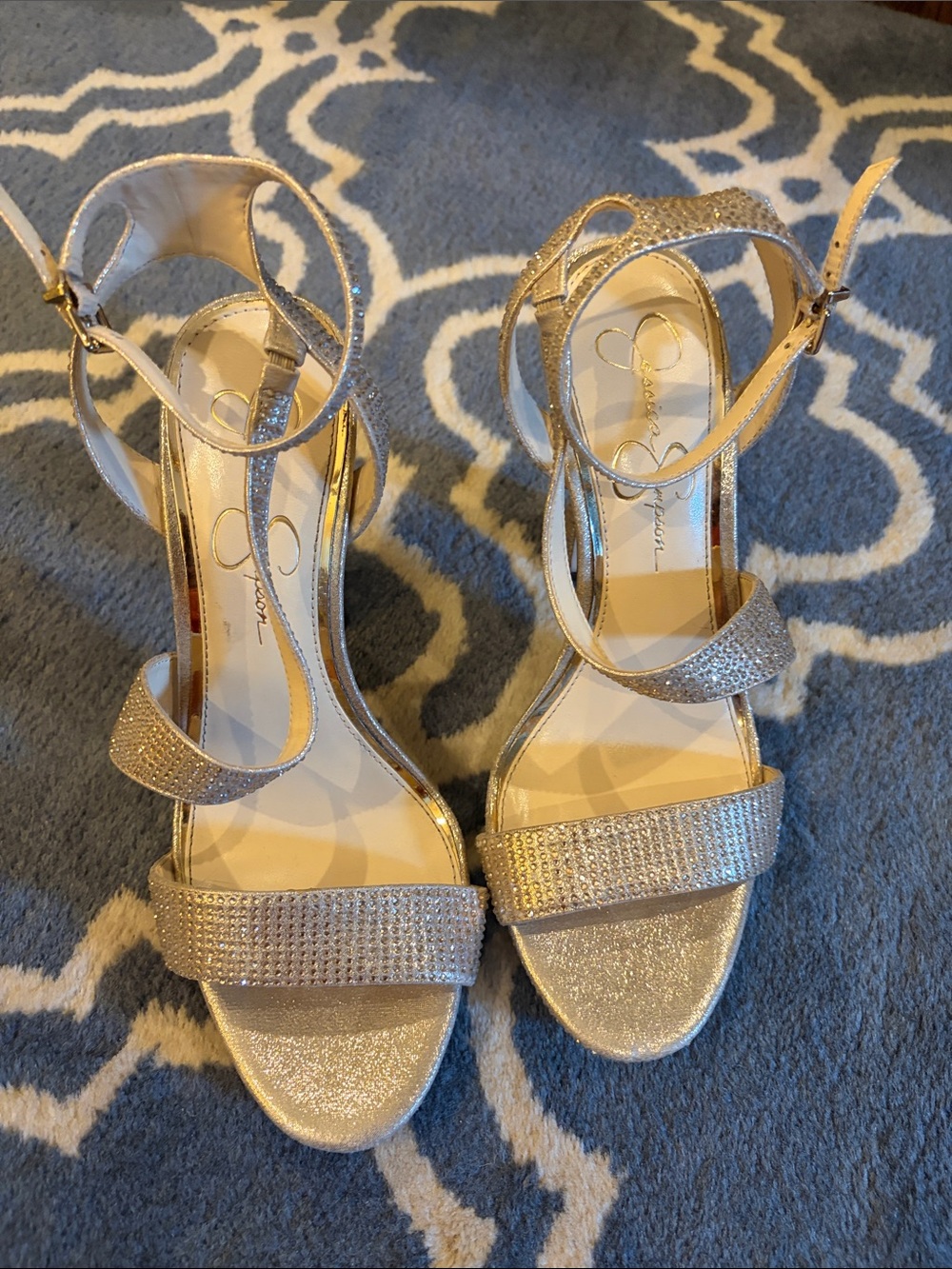 Jessica Simpson Champagne Glitter Rhinestone Ankle-Strap Heels